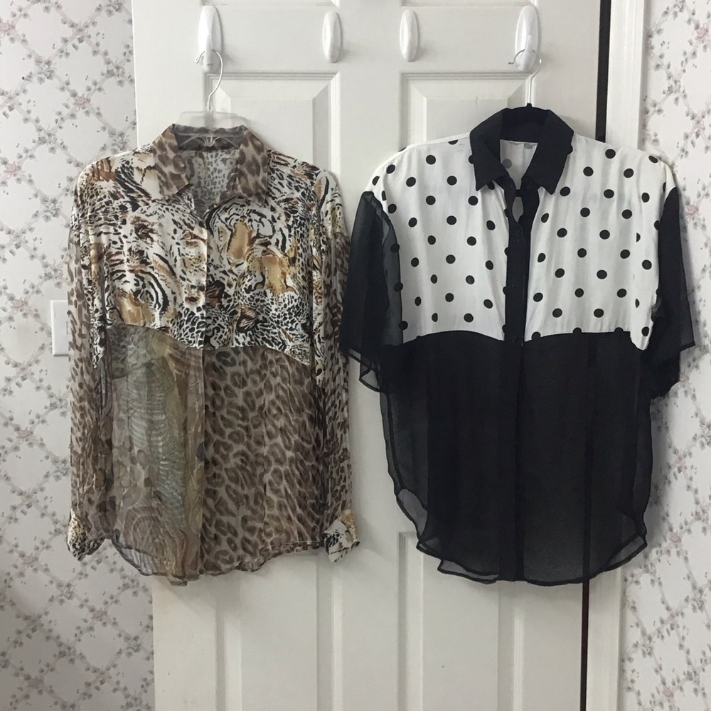 Vintage 90’s 2 Bundle Half Sheer Tops Polka Dot & Animal Print Both XL Sized.